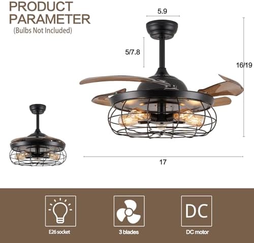 dumaiway 36" retractable ceiling fan, industrial retro caged, close-up detail