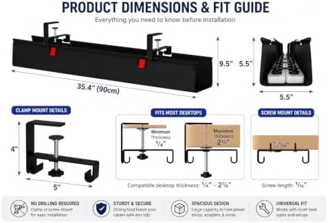 No Drill Under Desk Cable Management Tray, 90cm Power Strip Cord Organizer