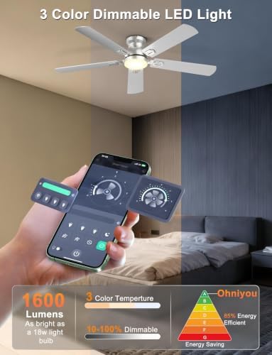 ohniyou 52'' silver low profile ceiling fan with, side view