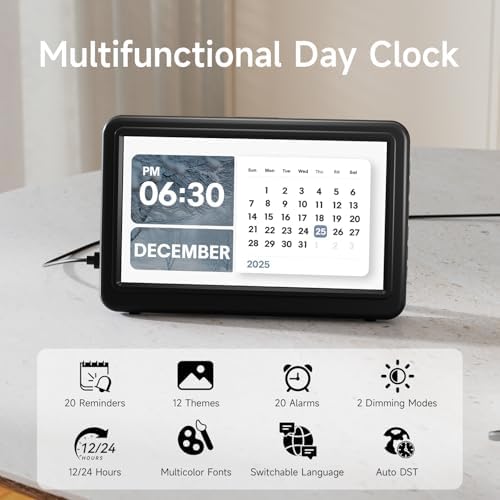 raynic date clock, digital clock with 12 themes, front angle view