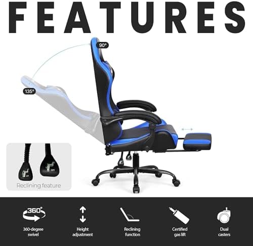 N-GEN GAMING Gaming Chair with Footrest, Lumbar Support, High-Back, Blue