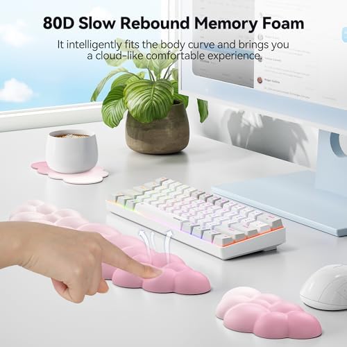 TECKNET Cloud Keyboard Wrist Rest Set, Cloud Wrist Rest with Non-Slip Base, PU Leather Wrist Pad for Keyboard with Ergonomic Memory Foam for Computer Laptop Office Gaming & Pain Relief, Gradient Pink