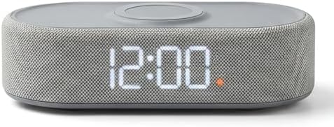 fabric digital alarm clock for bedroom, wireless charging, front angle view
