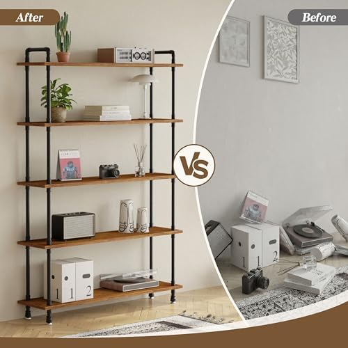 Industrial Bookshelf, Pipe Shelf Bookcase, 5 Tier, 48" Rustic Brown