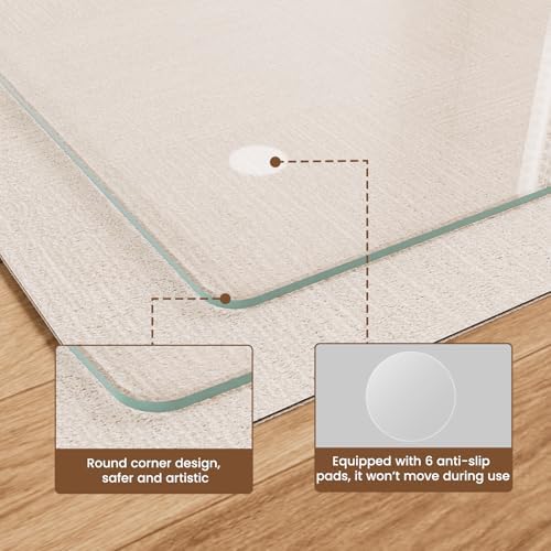 30"x48" Tempered Glass Chair Mat for Carpet | Tempered Glass, Round Corner, Desk Floor Mat for Office Chair/Rolling Chair/Hardwood Floor, 6 Anti-Slip Pads