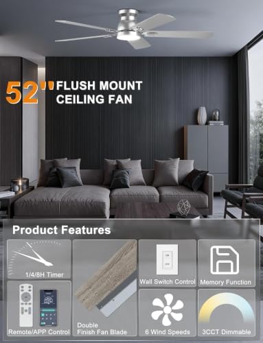 ohniyou 52'' silver low profile ceiling fan with, close-up detail