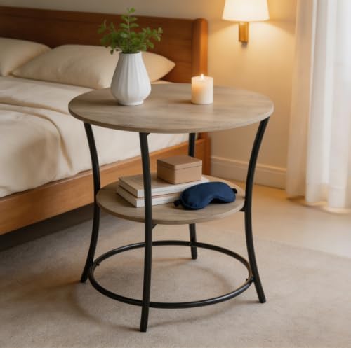 WLIVE 2 Tier Round End Table Steel Frame Small Space Living Room Nightstand