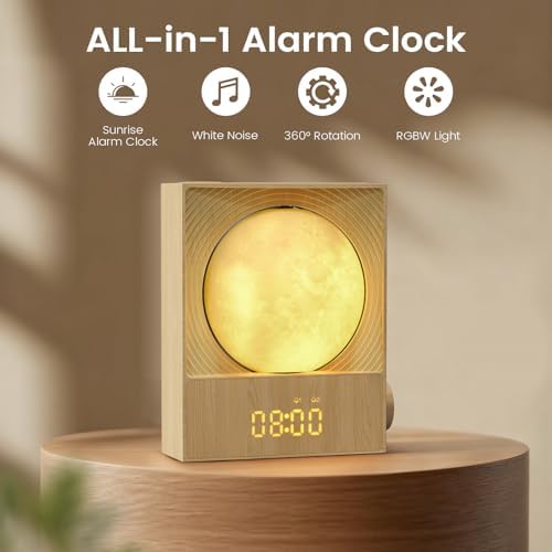 sunrise alarm clock, 360-degree rotating moonlight & 10 shown in use