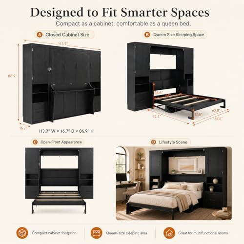 Queen Murphy Bed Cabinet with Desk & Storage, Wall Bed Cabinet Bed with C...
