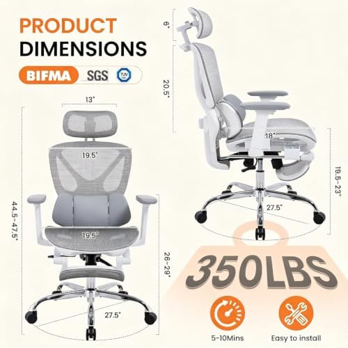 LuxErgo Big & Tall Ergonomic Mesh Office Chair 350lbs, High Back Reclinin...