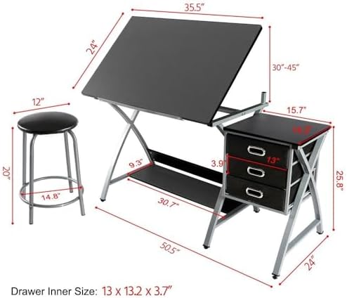 yaheetech drafting table with storage & stool, adjustable, close-up detail