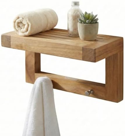 AquaTeak 12" Moa Floating Teak Wall Shelf with Hooks
