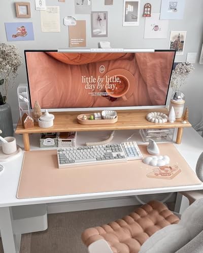 Bamboo Dual Monitor Stand Riser, Natural Desktop Shelf with Storage