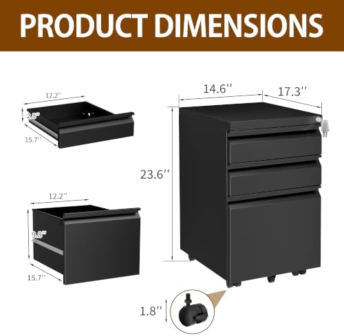 3 Drawer Metal Mobile File Cabinet with Lock and 4 Keys