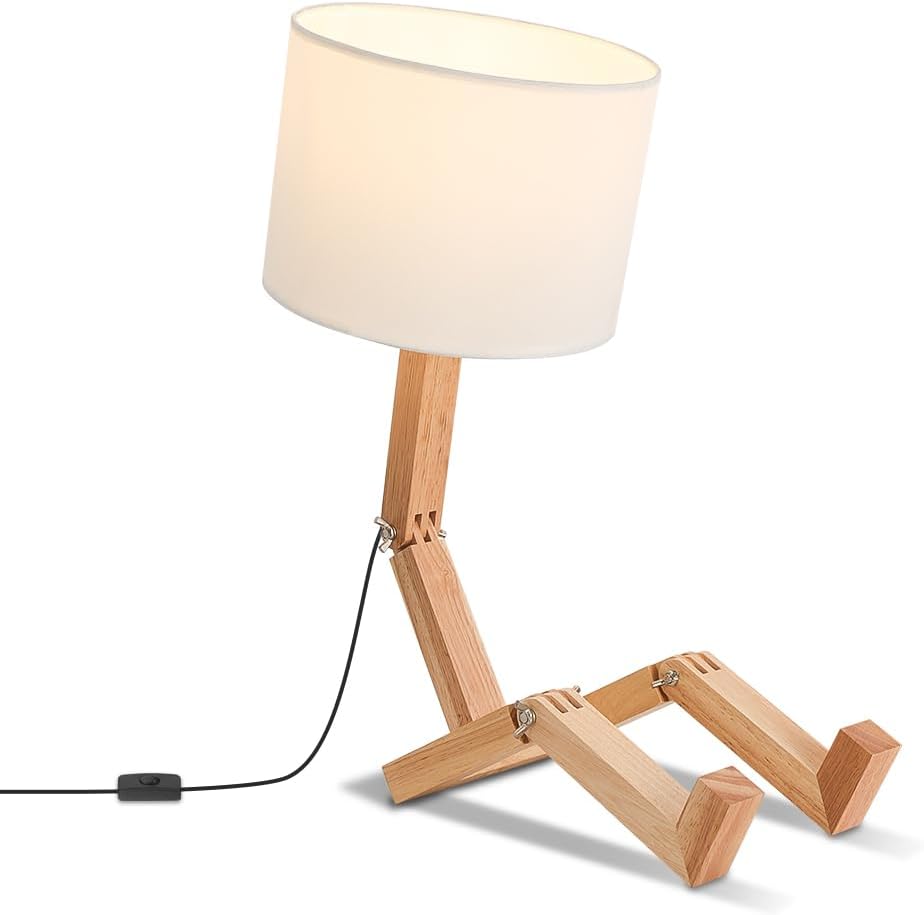Robot Bedside Lamp, Fabric Lampshade Match Foldable Solid Wood Body, Creative...