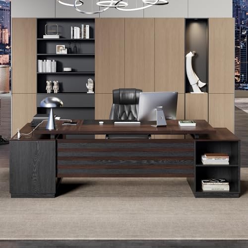 Epecoya 78-Inch Executive L Shape Desk with Storage, Dark Brown Black