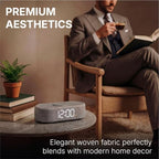 fabric digital alarm clock for bedroom, wireless charging, close-up detail