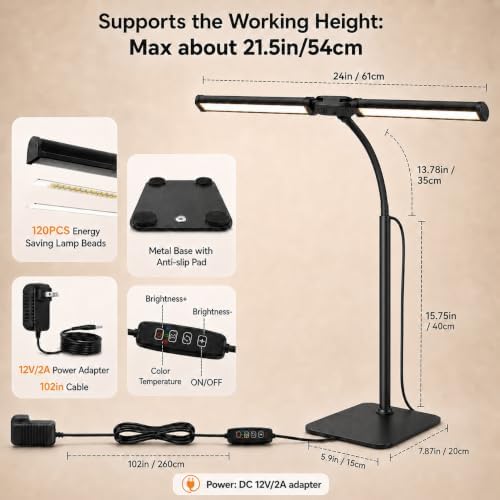 24-inch double head led desk lamp with base shown in use