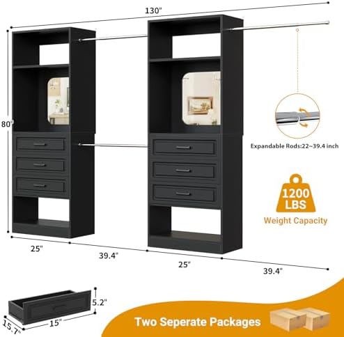 Unikito 6-14FT Wood Closet System with 6 Drawers and Mirror, Black