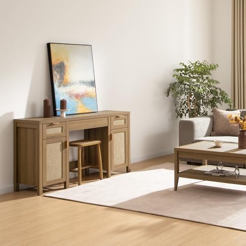 SICOTAS 52" Rattan Vanity Home Office Desk Vanity Table with 3 Drawers