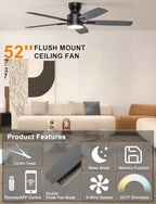 ohniyou 52'' low profile ceiling fan with lights, close-up detail