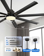 72" aluminum outdoor ceiling fan with light, industrial-grade, front angle view
