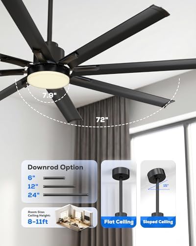 72" aluminum outdoor ceiling fan with light, industrial-grade, front angle view