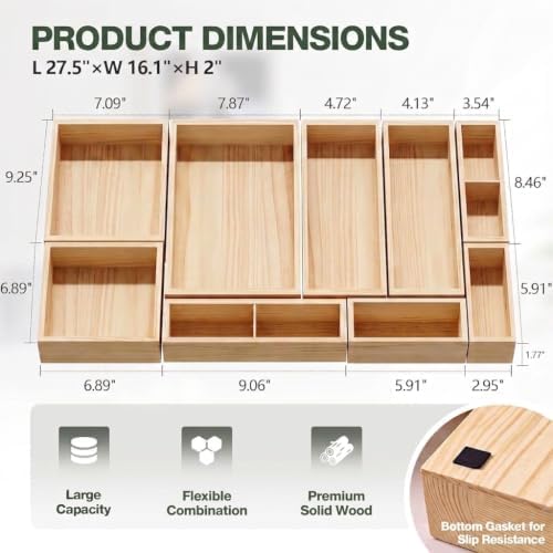 9-Pack Solid Wood Junk Drawer Organizer, Modular Desk Drawer Tray & Acces...