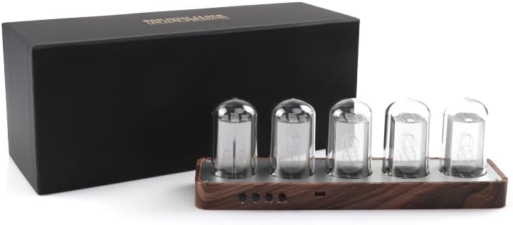 clocteck nixie tube clock walnut digital clock, support, front angle view