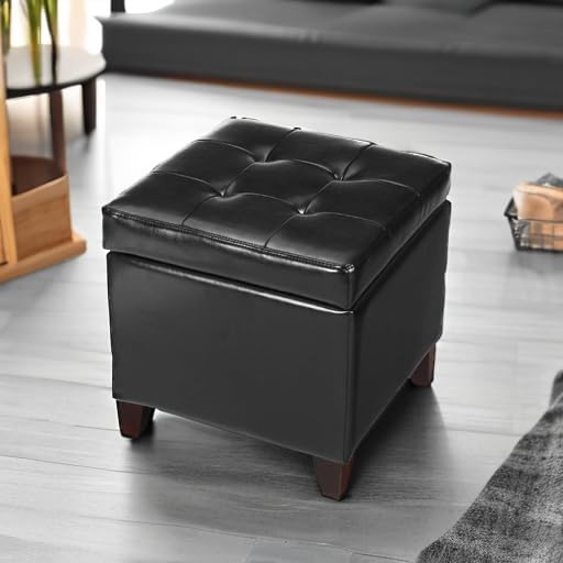 Adeco Storage Ottoman Foot Rest Stool, Leather Ottoman Footstool with Wood Le...