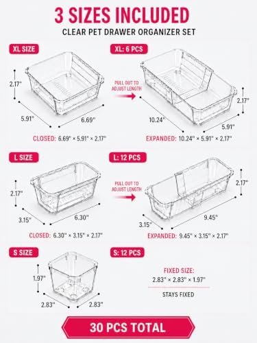 30 PCS Adjustable Expandable Clear Plastic Drawer Organizers