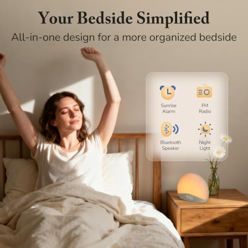 housbay sunrise alarm clock with bluetooth speaker & shown in use
