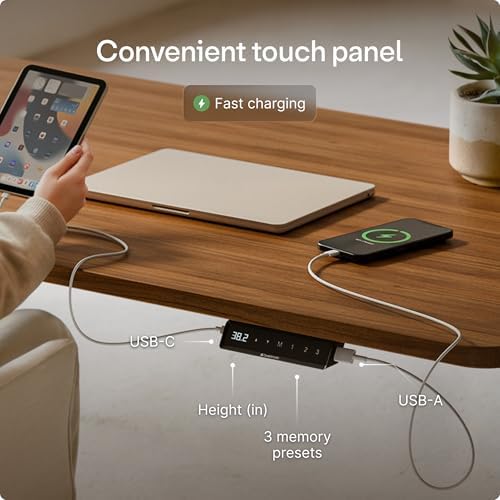 Desktronic HomeOne Standing Desk 60x30 — Ergonomic Sit Stand Home Office Desk, Made in Europe, Electric Dual Motor Height Adjustable, USB & USB-C Charging, Wobble-Free, Touchscreen, 3 Memory Presets