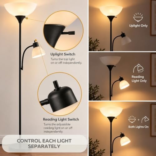 LIGHTACCENTS Floor Lamp with Side Reading Light - 72" Black Mother Daugh...