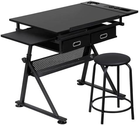 zeny adjustable drafting table with stool tilting drawing, front angle view
