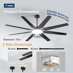 amico 72 inch ceiling fans with lights and showing dimensions