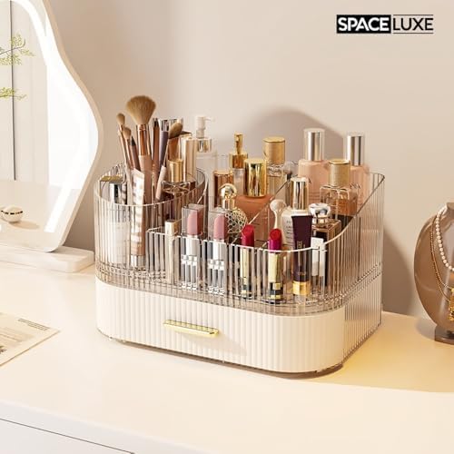 Makeup Organizer with Drawers, 360° Rotating Brush Holder