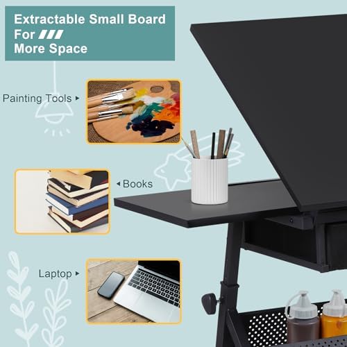 zeny adjustable drafting table with stool tilting drawing showing dimensions