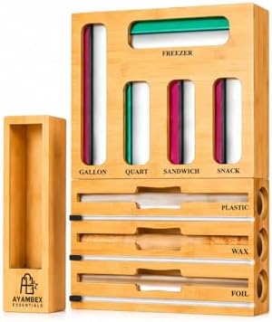 9-in-1 Bamboo Kitchen Drawer Organizer - Storage Bag Holder with Built-In Foi...