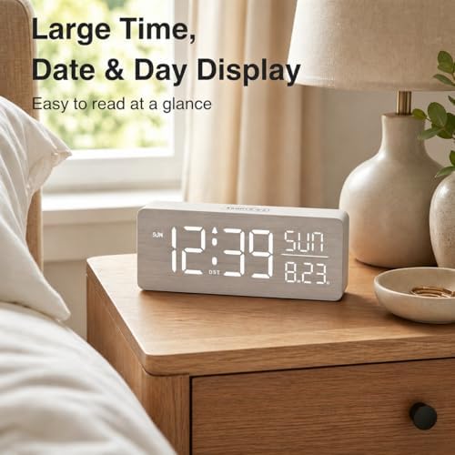 peakeep wooden digital alarm clock large display, textured, front angle view