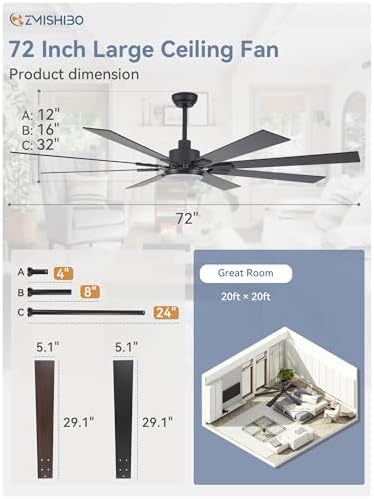 zmishibo 72" ceiling fans with lights for patio, close-up detail