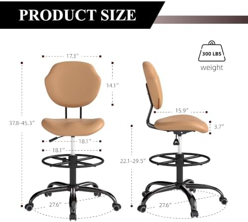 Drafting Chair with Back Support, Tall Desk Rolling Stool (Khaki, Set of 1)
