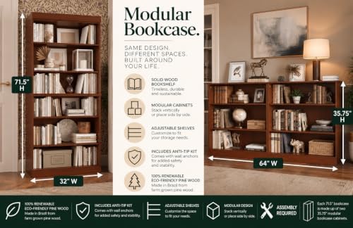 Palace Imports Solid Wood Bookcase – Stackable Modular 6-Tier Bookshelf - 71....