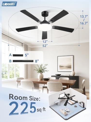 lediary 52 inch ceiling fans with lights dc, front angle view