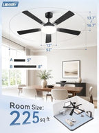 lediary 52 inch ceiling fans with lights dc, front angle view
