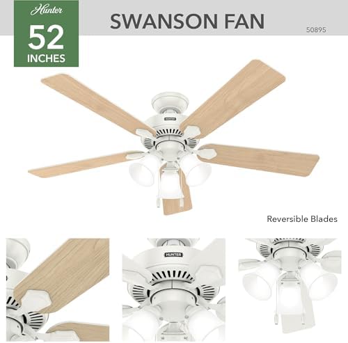 hunter swanson, indoor, ceiling fan, with led lights, front angle view