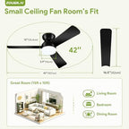 42'' black low profile ceiling fans with lights on a desk or shelf