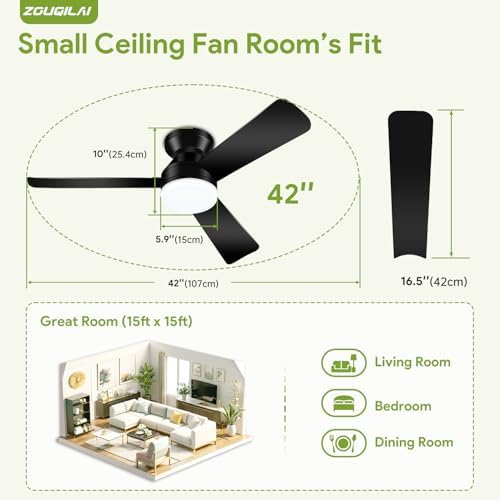 42'' black low profile ceiling fans with lights on a desk or shelf