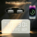 premium white wooden digital alarm clock with wireless, close-up detail