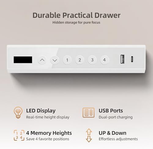 INNOVAR 40" Small Glass Standing Desk with Drawers & USB Ports, Whole-Piece Glass Top Adjustable Height Desks, Quick-Install Electric Sit-Stand Up Desk for Home Office & Computer Workstation, White